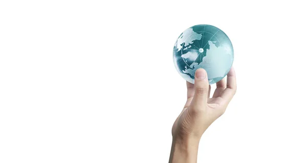 Globe, aarde in de hand van de mens, onze planeet stralend vasthoudend — Stockfoto