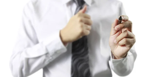 Männchen mit Stift in der Hand isoliert — Stockfoto