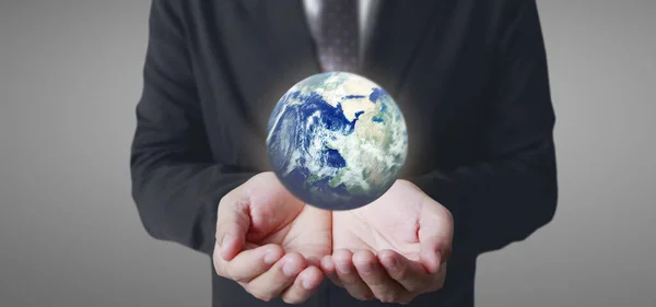 Globe Jord Mänsklig Hand Håller Vår Planet Glödande Jordbild Från — Stockfoto