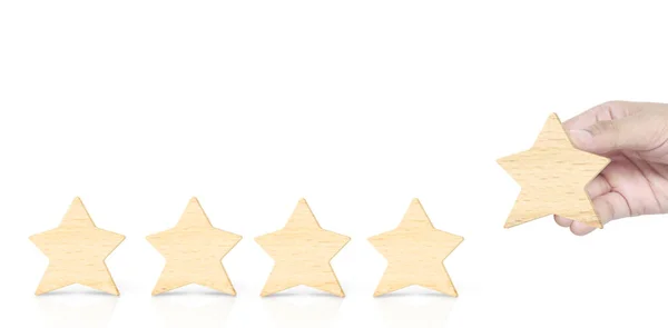 手の形をした木製の5つ星 最高のビジネスサービス評価顧客体験のコンセプト — ストック写真