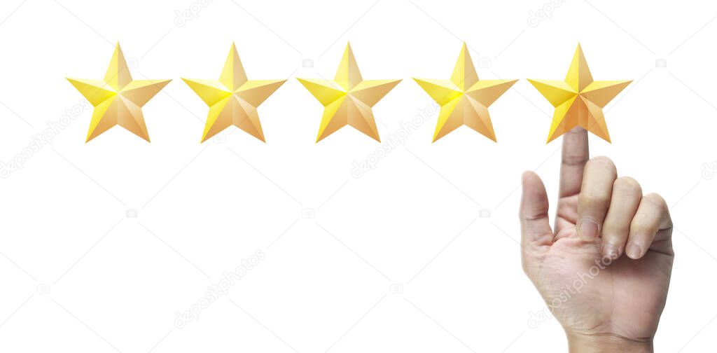 Hand of touching rise on increasing five stars. Increase rating evaluation and classification concept