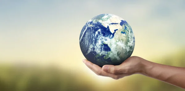 Globe Earth Human Hand Holding Our Planet Glowing Earth Image — Stock Photo, Image