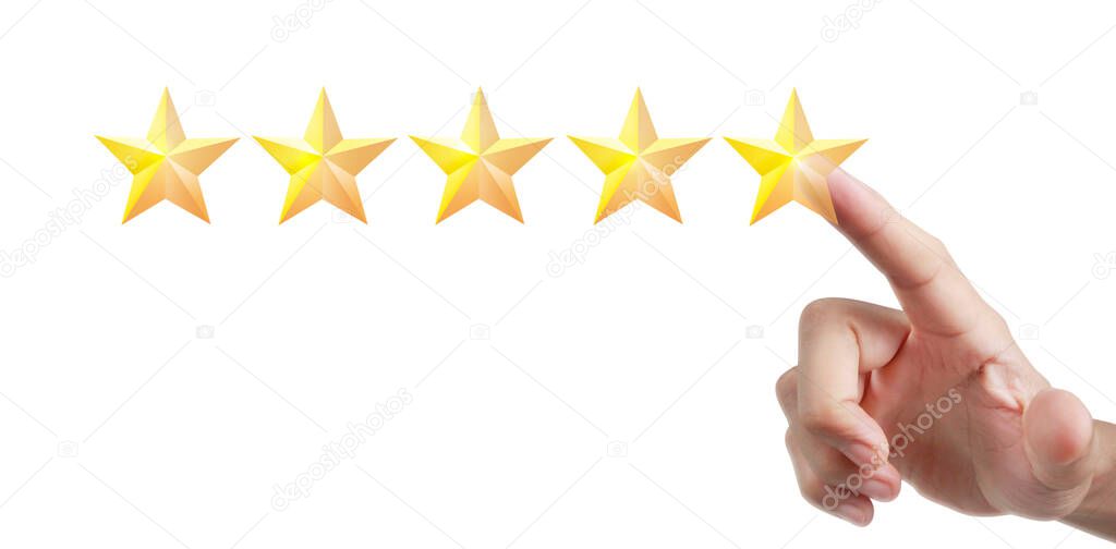 Hand of touching rise on increasing five stars. Increase rating evaluation and classification concept