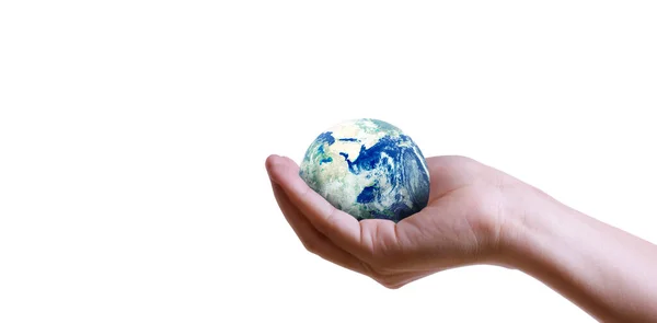 Globo Terra Mão Humana Segurando Nosso Planeta Brilhando Imagem Terra — Fotografia de Stock