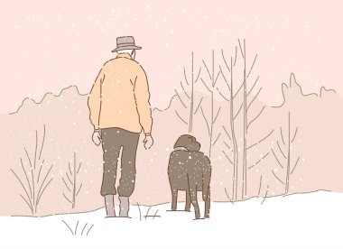 Köpekle yürüyen yaşlı adamın çizgi film karakteri.  