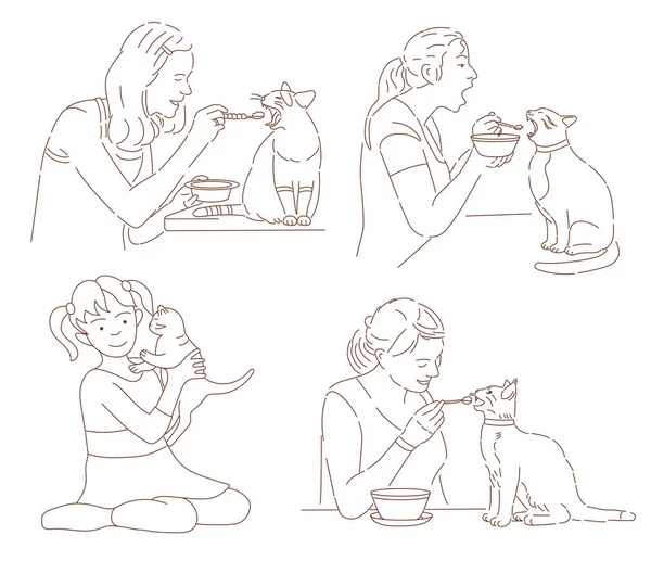 Menina Alimentação Gato Vetor Ilustração — Vetor de Stock