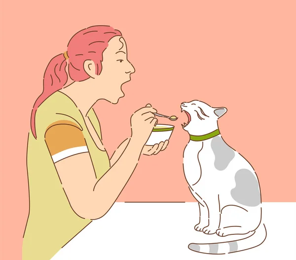 Girl Feeding Cat Vector Illustration — Stock Vector