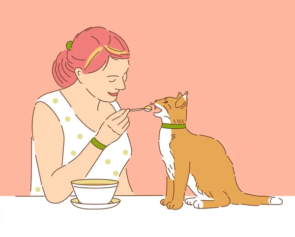 Mädchen Füttert Katze Vektor Illustration — Stockvektor