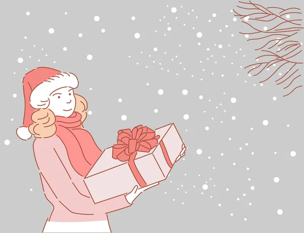 Linda Chica Dibujos Animados Con Presente Ilustración Navidad — Vector de stock