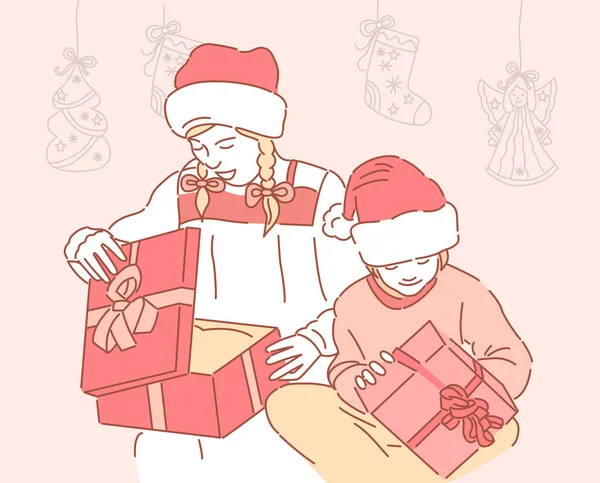 Mignon Dessin Animé Fille Présentation Cadeau Illustration Noël — Image vectorielle