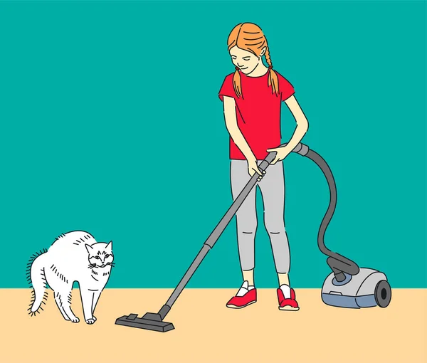 Mujer Limpieza Habitación Color Ilustración — Vector de stock