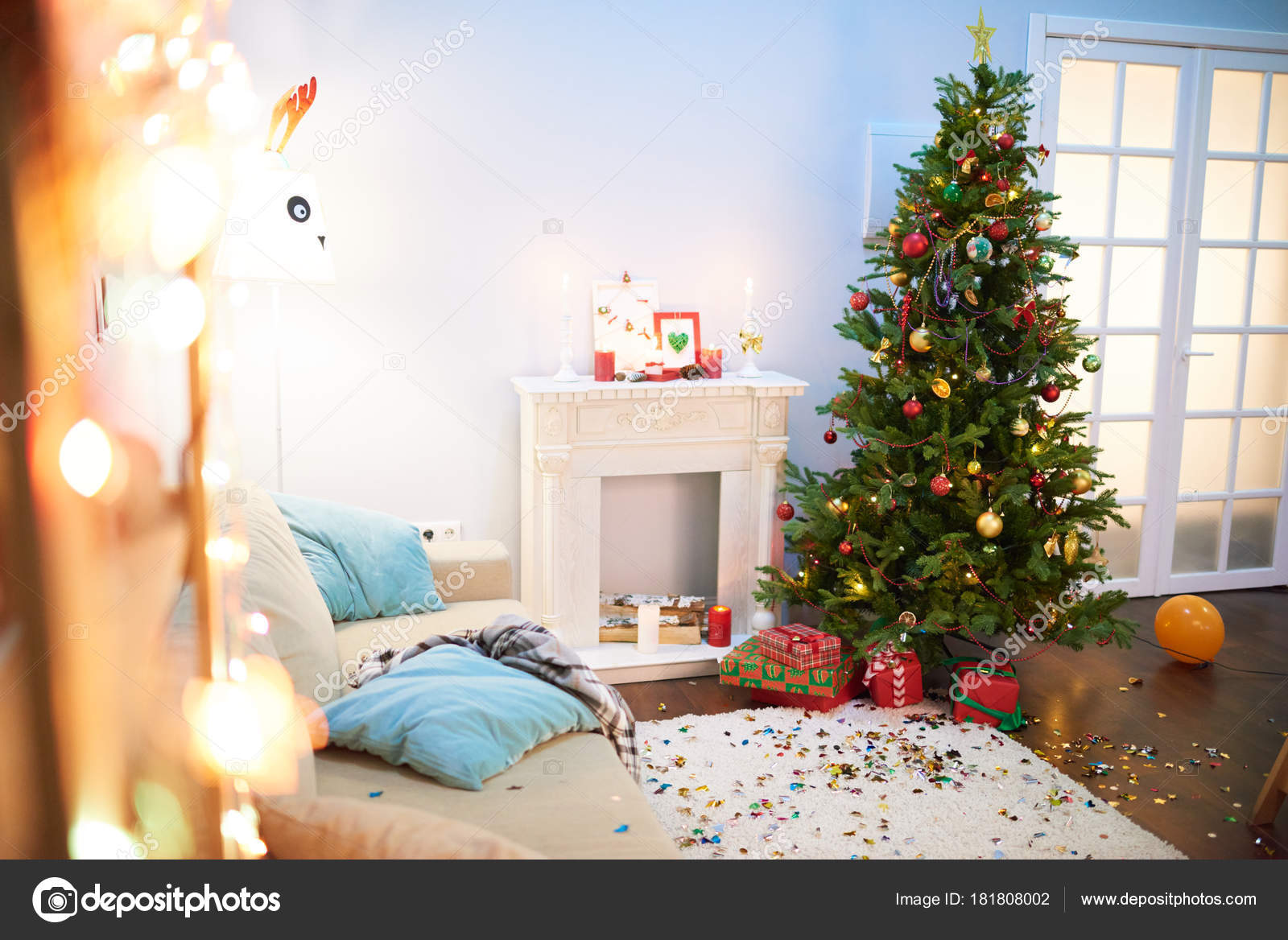 Interior Messy Living Room Party Colorful Confetti Interior Messy Living Room Party Colorful Confetti Balloons Tered Stock Photo