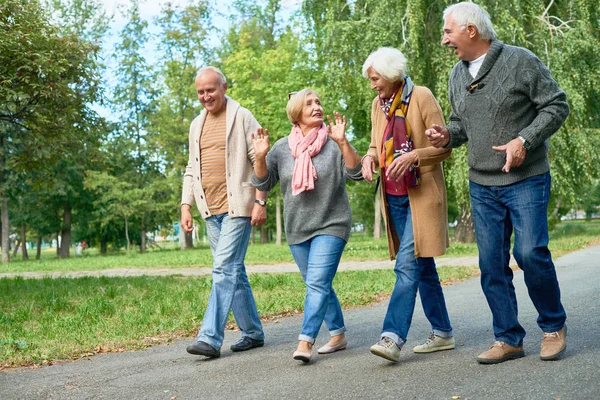 Sonriendo Seniors Amigos Usando Punto Suéteres Cardigans Caminando Por Calle — Foto de Stock