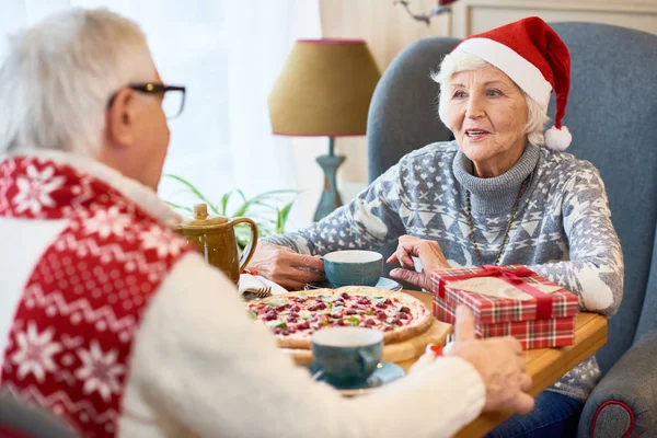 Portrait Loving Senior Couple Celebrating Christmas Together Sitting Dinner Table — Stock Photo, Image