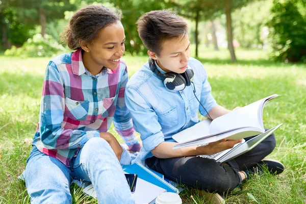 Retrato Dos Estudiantes Niño Niña Estudiando Juntos Sentados Césped Verde — Foto de Stock