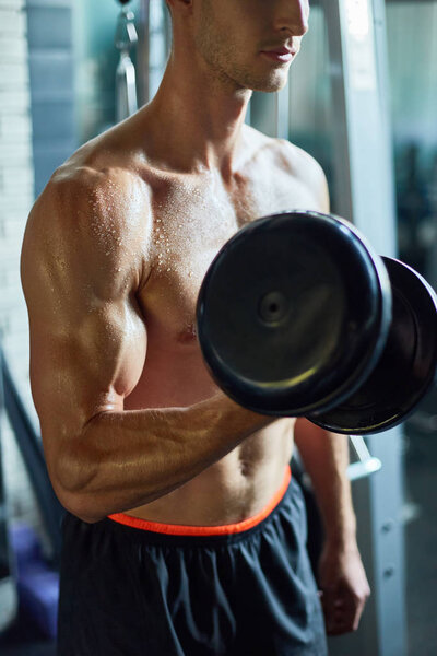 Mid-section portrait of muscular sportsman working out with dumbbell in modern gym