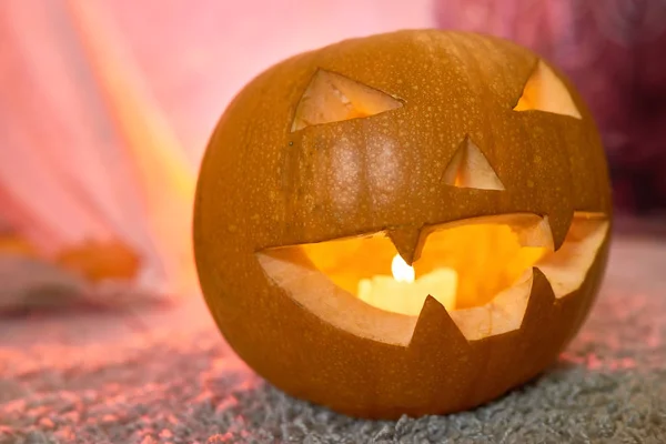 Halloween Imagem Fundo Lanterna Abóbora Iluminada Luz Assustadora Espaço Cópia — Fotografia de Stock