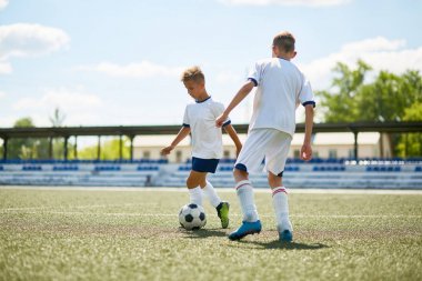 Futbol genç takım antrenman sırasında yeşil sahada oynayan iki genç erkek portresi