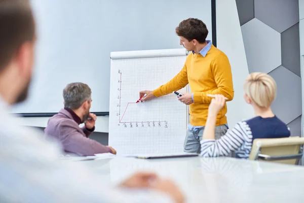 Portrait Young Businessman Standing Whiteboard Drawing Graph Marketing Meeting Board — Stock Photo, Image