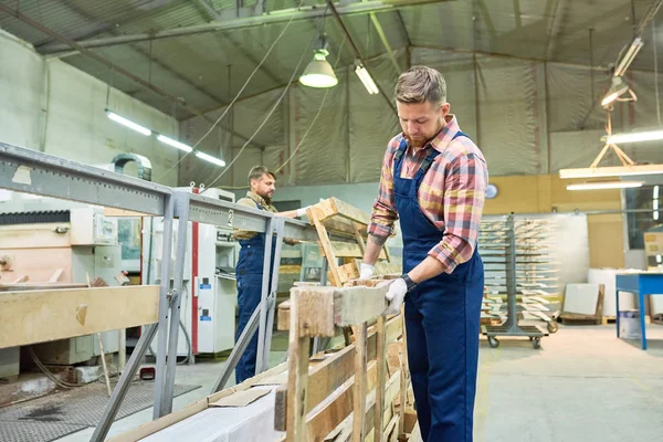 Portret Van Twee Werklieden Gekleed Blauwe Overall Stapelen Van Houten — Stockfoto