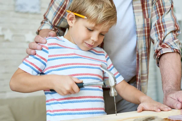 Üst düzey adam küçük çocuk çekiç yardım portre portre yapımı ahşap model evde birlikte çivi