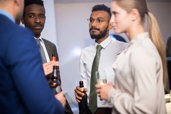 Multiethnic Group Stylish Office Workers Celebrating Corporate Event Chatting Drinking — Stock Photo, Image