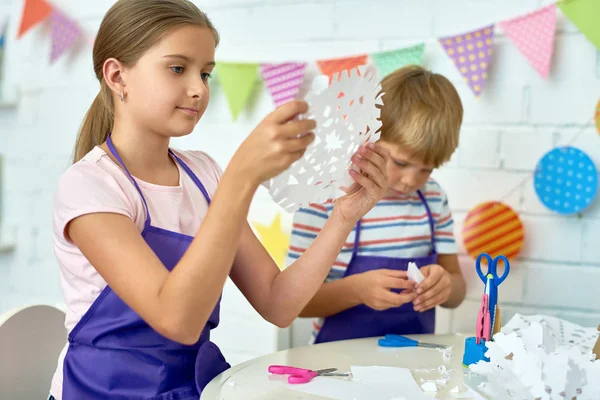 Portrait Pretty Girl Holding Paper Snowflake While Making Handmade Christmas — Stock Photo, Image