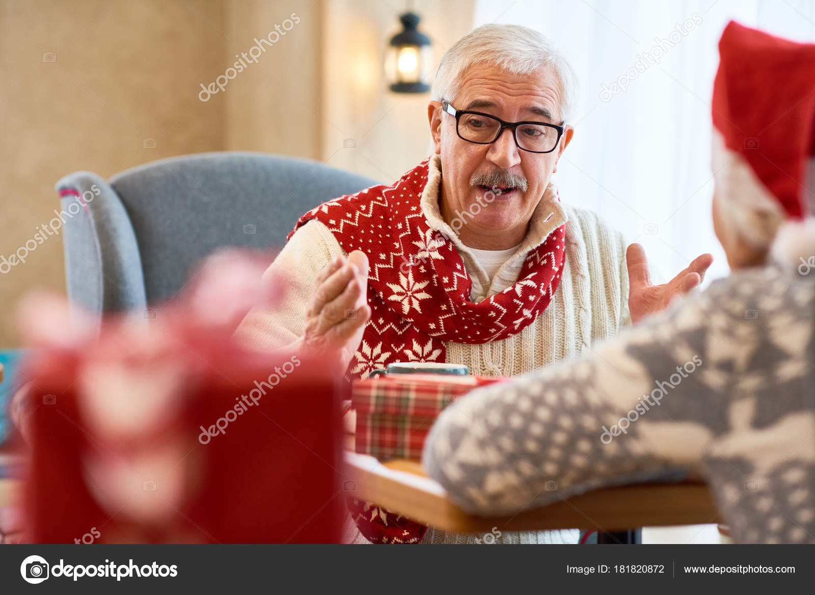 Portrait White Haired Senior Man Wearing Glasses Talking His Wife