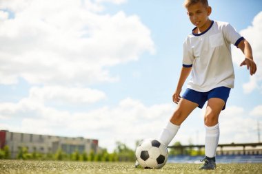 Futbol antrenmanı sırasında kopya alanı topu tekmelemek alanında çalışan genç çocuk portresi
