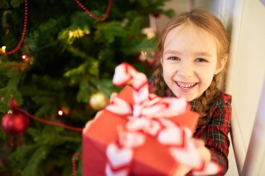 Noel hediye kutusu süslü çam ağacı arka plan üzerinde elinde tutarken dişlek gülümseme ile kameraya bakarak neşeli küçük kızın yüksek açılı görünüş