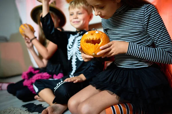Closeup Portrait Three Children Wearing Halloween Costumes Sitting Floor Decorated — Stock Photo, Image