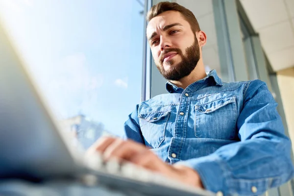 Low Angle Portrait Bearded Young Man Using Laptop Working Internet — Stock Photo, Image