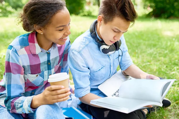 Retrato Dos Estudiantes Niño Niña Estudiando Juntos Sentados Césped Verde — Foto de Stock