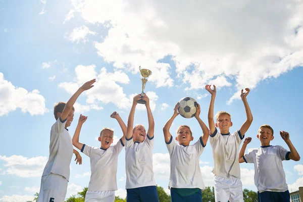 Porträt Glücklicher Jungen Der Juniorenfußballmannschaft Die Einer Reihe Stehen Pokale — Stockfoto