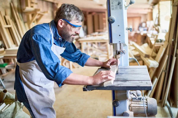 Side View Portrait Mature Bearded Carpenter Carefully Placing Piece Wood — Stock Photo, Image