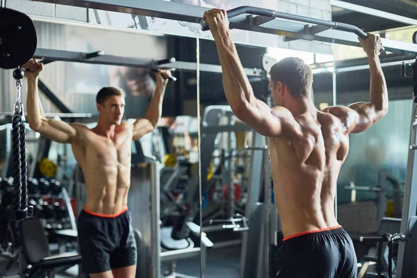 Handsome Young Bodybuilder Bare Torso Doing Exercise Biceps Front Mirror — Stock Photo, Image