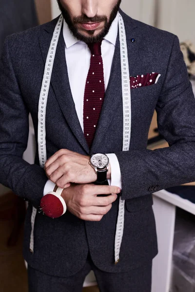 Mid Section Portrait Handsome Bearded Tailor Wearing Fashionable Suit Jacket — Stock Photo, Image