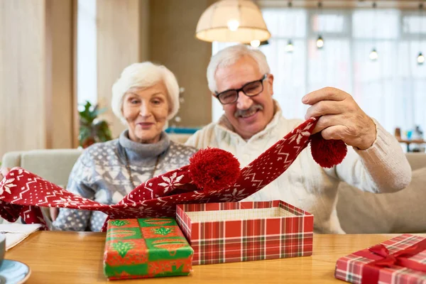 Front View Portrait Happy Senior Couple Opening Gifts Boxes Christmas — Stock Photo, Image