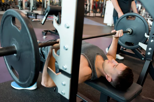 High Angle Portrait Handsome Young Sportsman Lifting Barbell Lying Bench — Stock Photo, Image