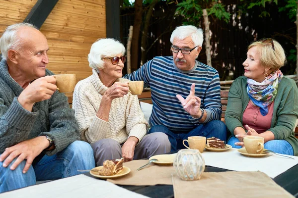 Amigos Seniores Vestindo Camisolas Malha Conversando Animadamente Uns Com Outros — Fotografia de Stock