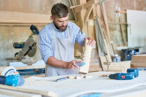 Portrait Mature Bearded Carpenter Sanding Beautiful Wooden Stair Post Modern — Stock Photo, Image