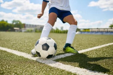 Alan açık havada futbol antrenmanı sırasında topu tekmeleme tanınmaz halde genç çocuk portre portre