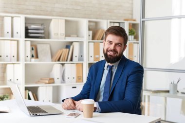 Neşeyle modern ofis içinde laptop ile çalışırken gülümseyen başarılı sakallı işadamı portresi