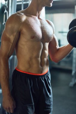 Modern bir spor salonu, çıplak gövde üzerinde odak dumbbell ile çalışma dışarı tanınmaz kaslı sporcu orta kesit portresi