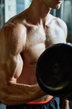 Spor salonunda yoğun bir eğitim yaparken dumbbell ile kasları kadar pompalama terli kaslı adam yakın çekim çekim