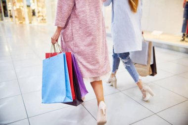 Kat ve kağıt torba satın almalarla holding alışveriş yürüme yüksek topuklu giyen iki genç kadın portresi düşük bölümü