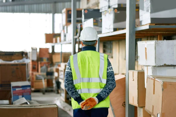 Bakre Visa Porträtt Lagerarbetare Som Bär Hardhat Och Reflekterande Jacka — Stockfoto