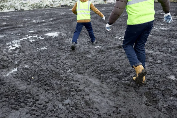 Low Section Portrait Two Workers Walking Dirt Excavation Site Alaska — Stock Photo, Image