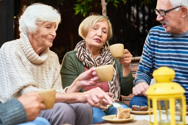 老年人穿着暖和的衣服 享受着彼此的陪伴 在户外吃着美味的蛋糕 — 图库照片