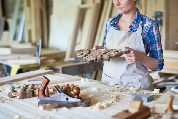 Mid Section Portrait Unrecognizable Female Carpenter Holding Carved Wooden Part — Stock Photo, Image